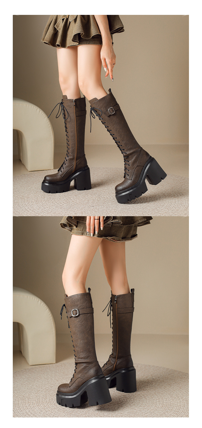 Boot nữ da thật cổ cao dây buộc gót 12 cm đế dày — Lót nhung đen chi tiết 1