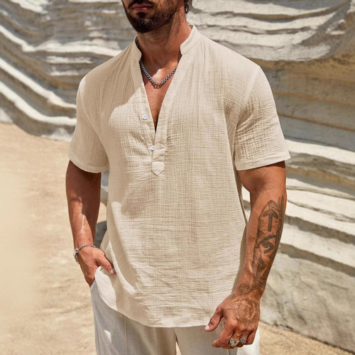 Men's European and American Cross-border Single-layer Plain Color Breathable Stand Collar Short-sleeve Shirt 2025 Fashion Simple Plain Collared Shirt