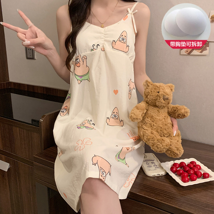 2024 verano con cojín de pecho espuma vestido de dormir mujer dulce vestido de suspensión estudiantes lindos dibujos animados ropa de casa de mujer al por mayor