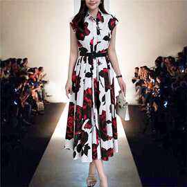欧美风2024夏季新款女装翻领无袖玫瑰印花收腰系带中长款连衣裙女