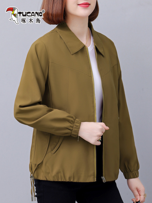啄木鸟休闲外套女春秋2025新款翻领夹克上衣中年妈妈大码宽松外套|undefined