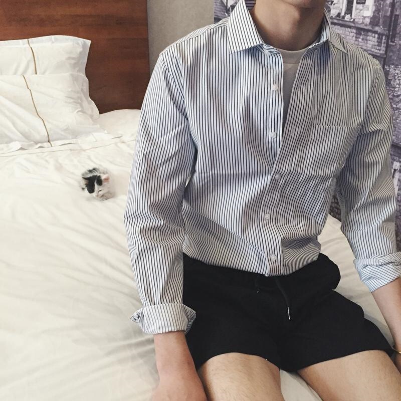 New Korean Style Slim Fit Striped Long-Sleeved Shirt for Men, Hong Kong Style Casual Retro Square Collar Loose Large Size Men's Shirt Trendy