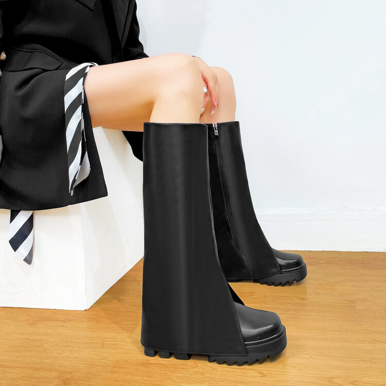 Tall trouser boots Women's 2023 autumn cowhide slope heel knee boots black thick-soled high heel knee-high Knight boots