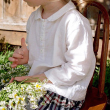 棉麻娃娃领儿童衬衣春秋森系九分袖白色衬衫男女宝亚麻翻领上衣