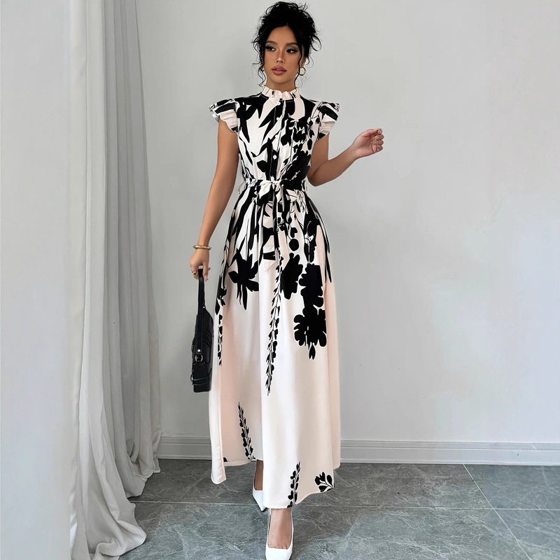 Elegant Black and White Floral Dress with Waist-Cinching Tie, Slimming Ruffle Sleeves, Party-Style Stand-Up Collar, Waist-Cinching Dress, Vacation Seaside Dress