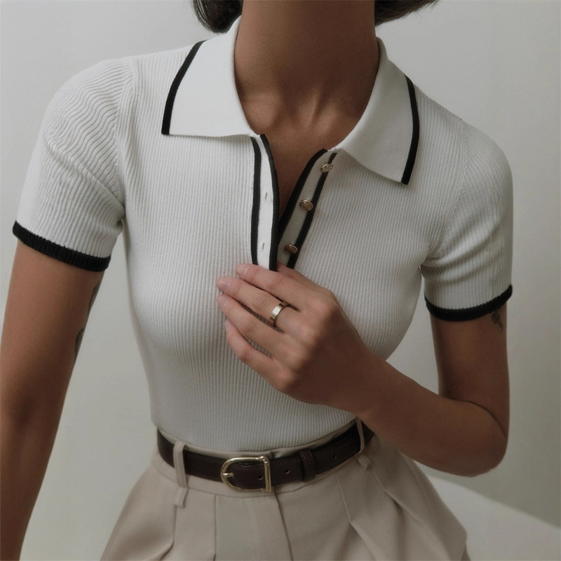 Slim-fit short-sleeve lapel top 2024 summer new threaded tight-fitting contrast color European and American temperament sweater Slim-fit short-sleeve lapel top 2024 summer new threaded tight-fitting contrast color European and American temperament sweater