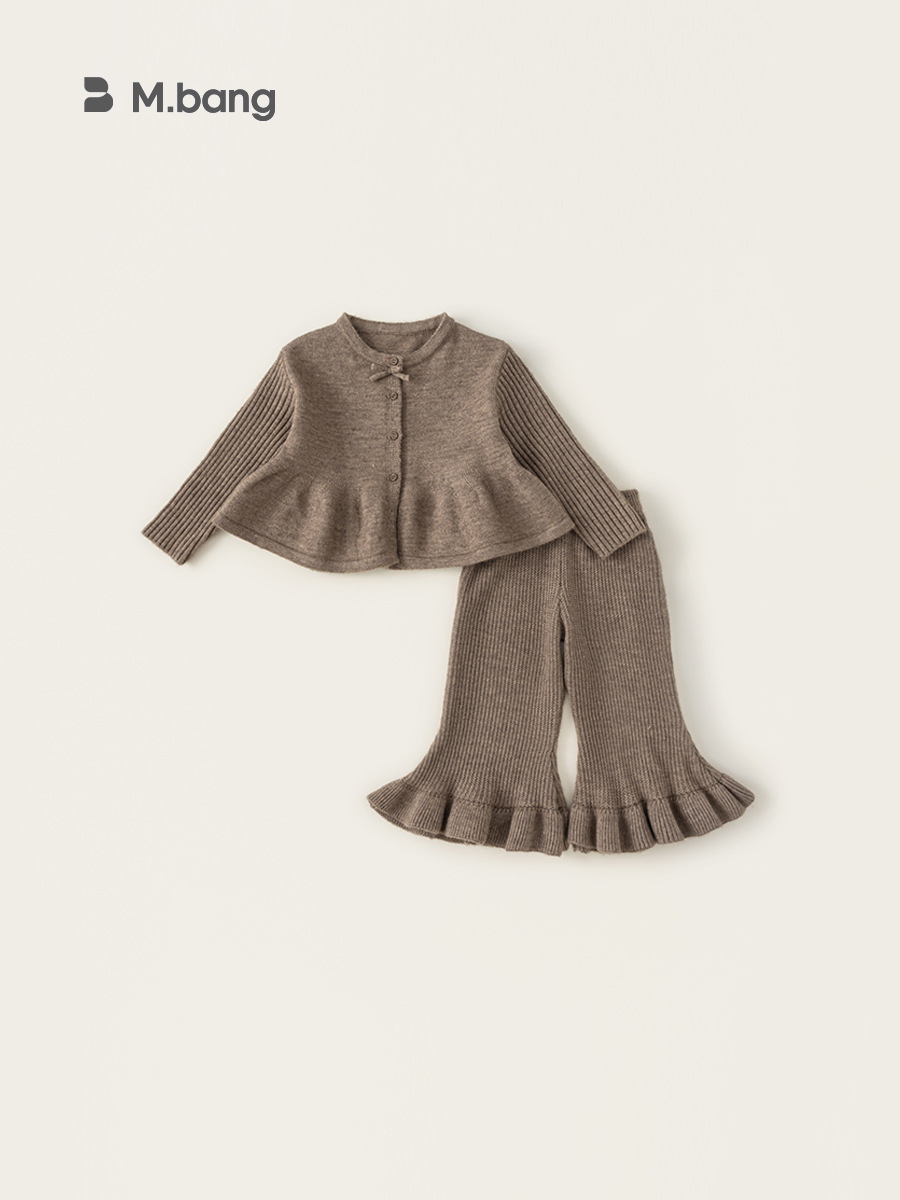 Yubao ropa infantil para niñas primavera y otoño dulce arco jersey cardigan pantalones de lana de cuerno dos piezas