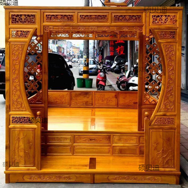 Old-Fashioned Imitation Classical Furniture, Red Rosewood Solid Wood Moon Hole Bed, Thousand-Step Bed, Carved Frame Bed, Chinese Bed