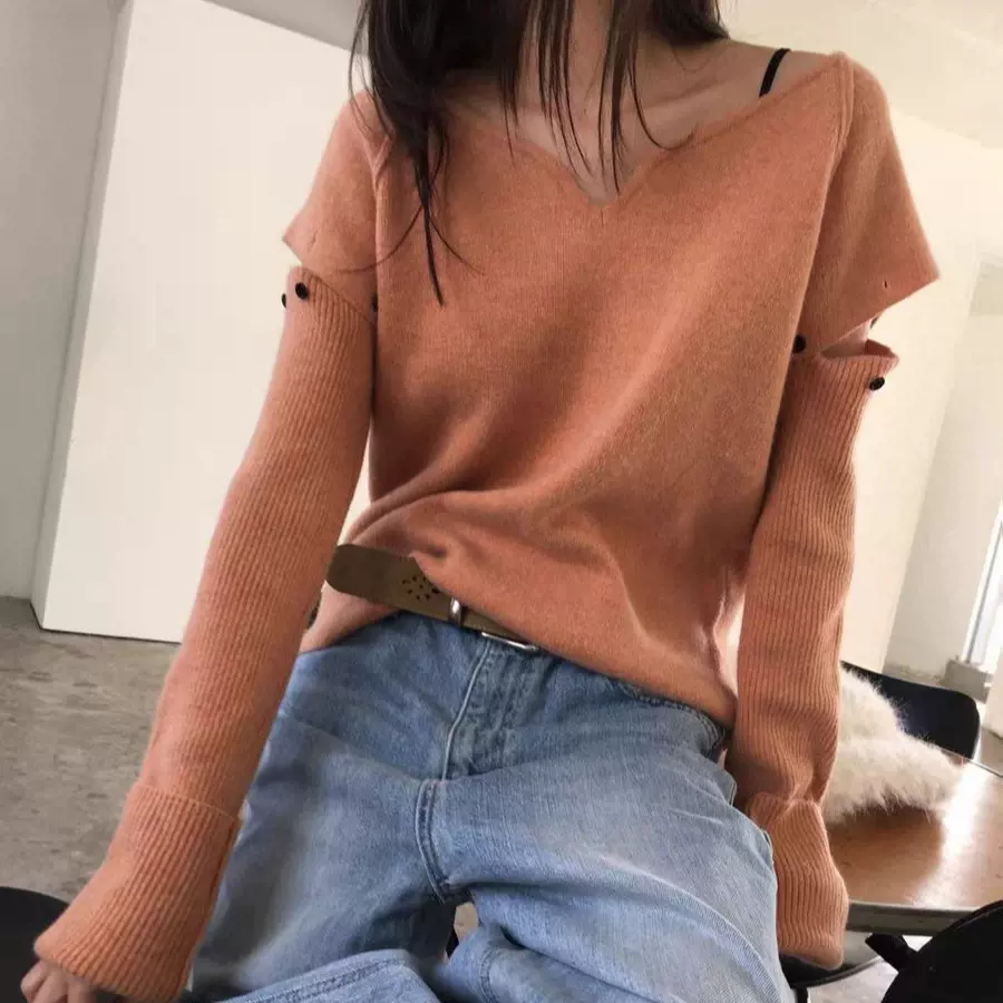 现H2025冬季新款韩国东大门宽松设计感可拆卸袖子V领套头针织毛衣