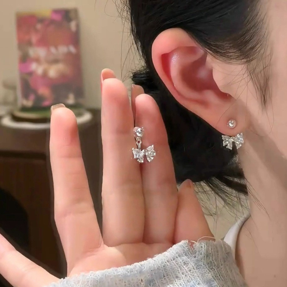 925 Silver Needle Back Hanging Zircon Bow Earrings Women's Exquisite Simple Sweet All-match Earrings High-end Earrings