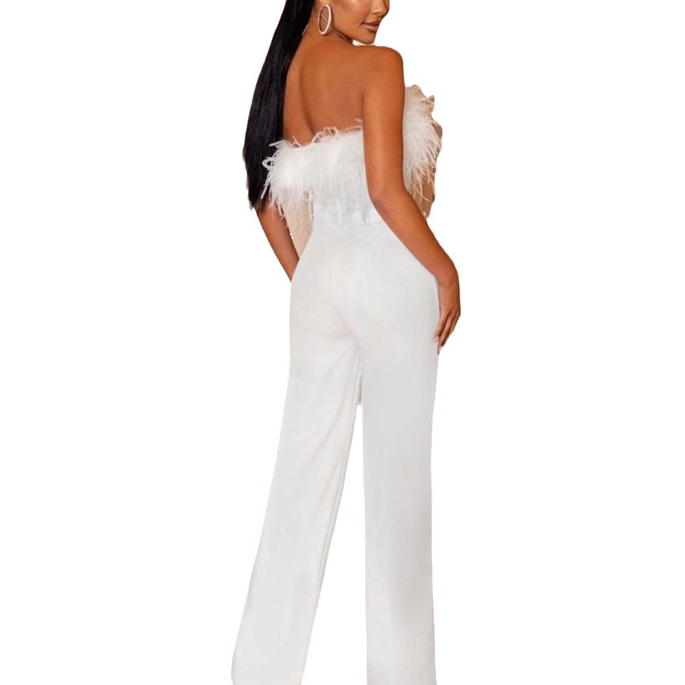 Mono sexy de plumas con hombros descubiertos y espalda descubierta, top de tubo y pantalón de color liso, nueva moda europea y americana para mujer, primavera-verano 2026 transfronterizo image 7