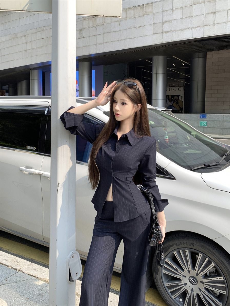 GraceChic GraceChic Elegant Sister Style With Collared Long Sleeve Striped Shirt And Flared Casual Pants For Women In Autumn Two-Piece Set_voghion.com