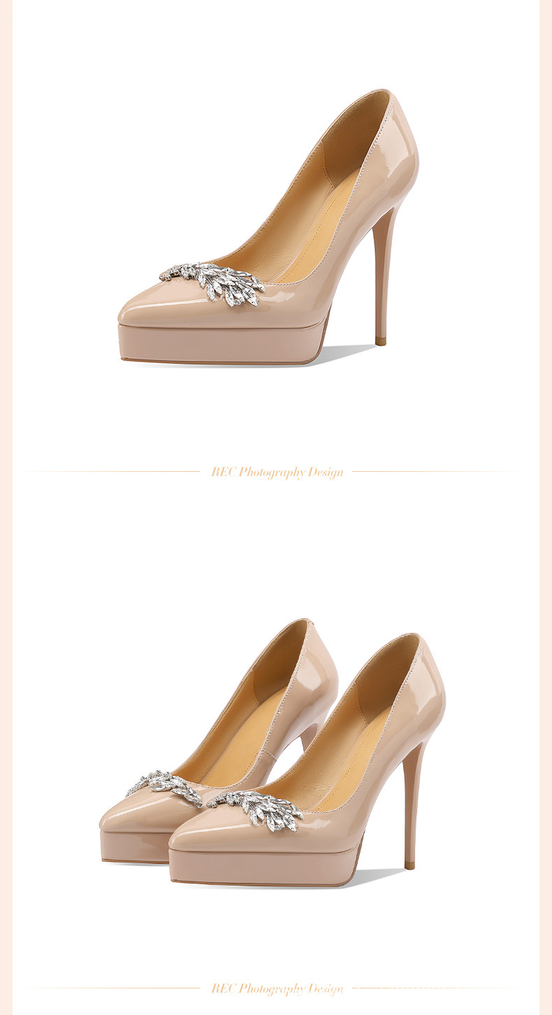 Giày cao gót nữ mũi nhọn da thật, gót siêu cao 14 cm, đế platform, đính đá rhinestone — Màu nude 10cm chi tiết 3