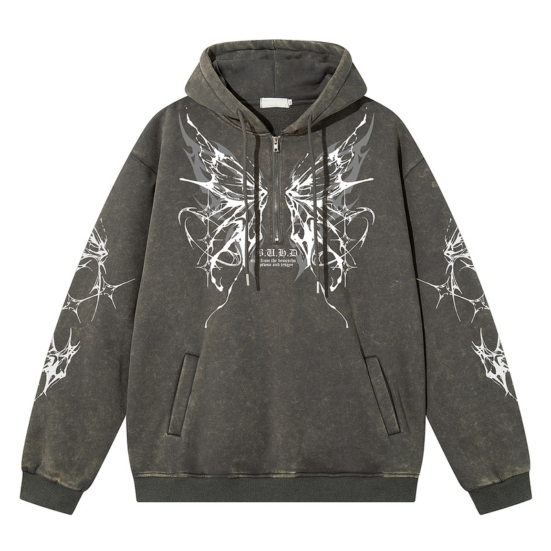 美式复古暗黑蝴蝶水洗长袖卫衣男女2025冬款休闲个性宽松显瘦上衣