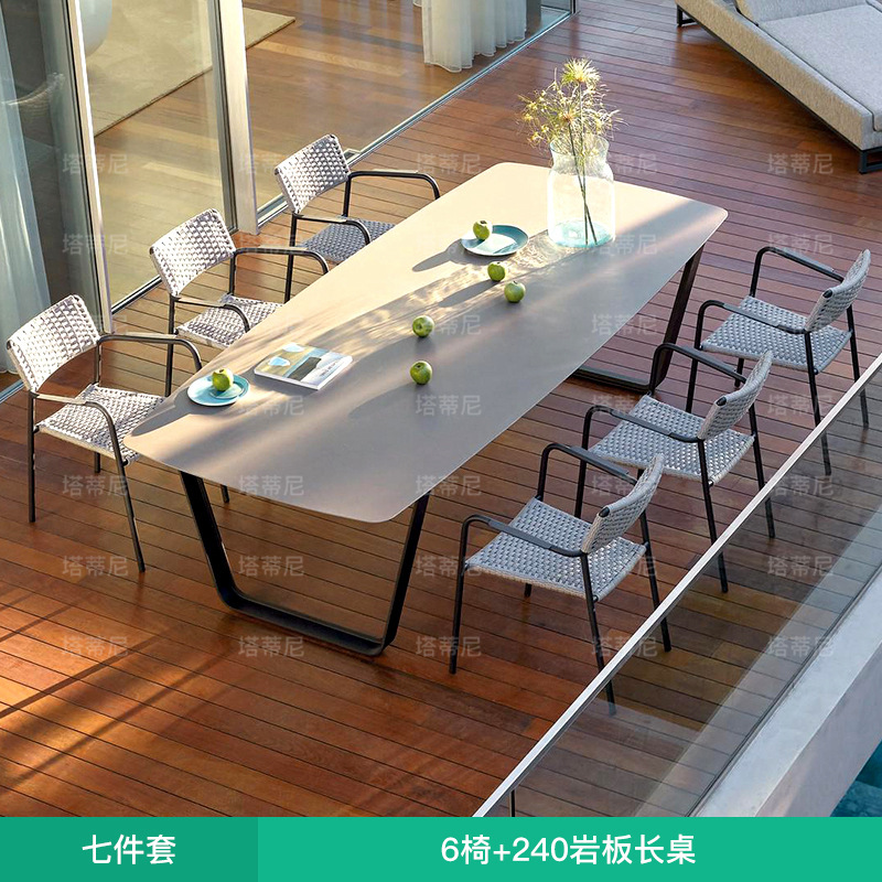 Mesas y sillas de exterior para patios de villas, mesas de aleación de aluminio impermeables y resistentes al sol, conjunto de sillas de ratán para terraza de jardín. image 21