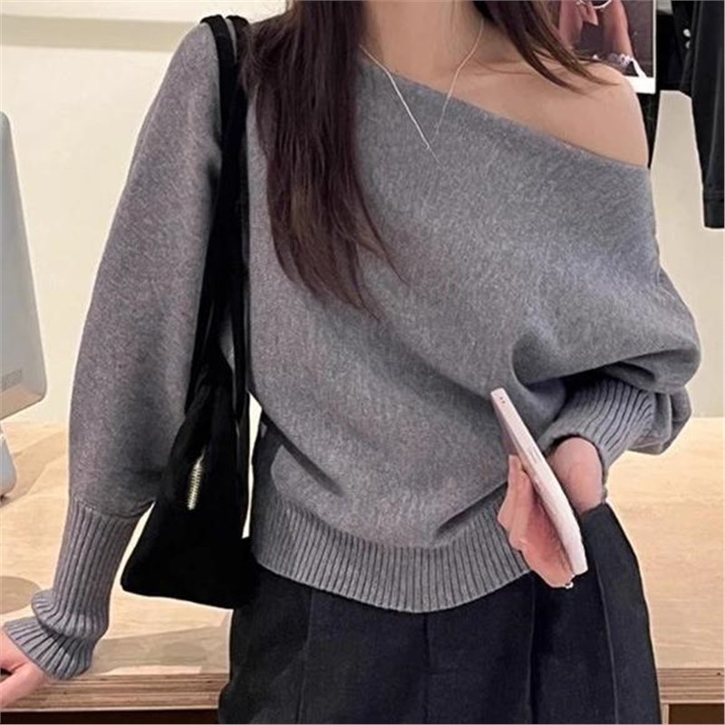 女装一字领露肩软糯毛衣2025秋季新款纯色套头针织衫花灰黑色