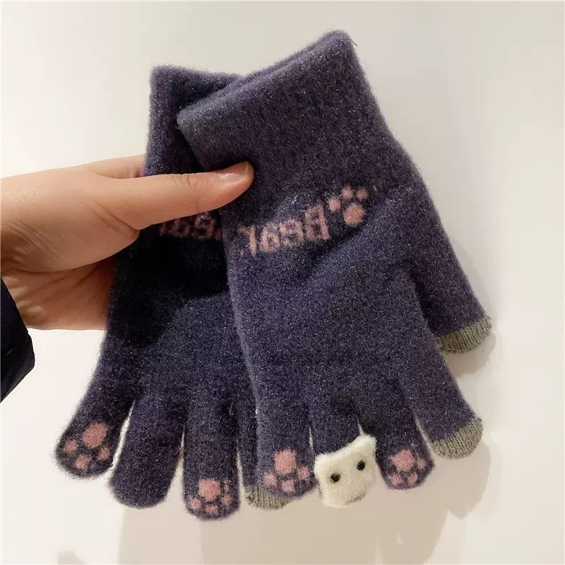手袋の秋冬の女性のかわいい騎乗は保温を厚くして防寒学生のニットの毛糸を厚くして綿の手袋の5本の指に触れることができます。|undefined