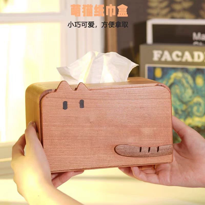Деревянная шкатулка для украшений в форме мультяшного кота, съемная коробка для салфеток для гостиной, большая коробка для салфеток из массива дерева