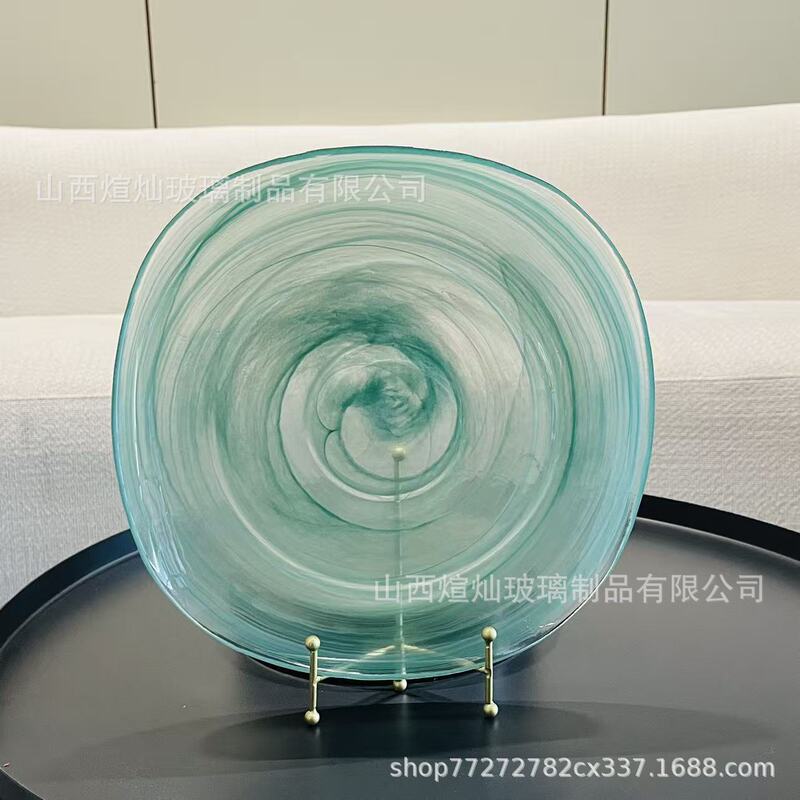 Designer Square Glass Tray with Splash-Ink Design in Fresh Green Cloud Pattern, Suitable for Dry Tea, Fruit, and Snacks on a Small Fresh-Style Tea Table