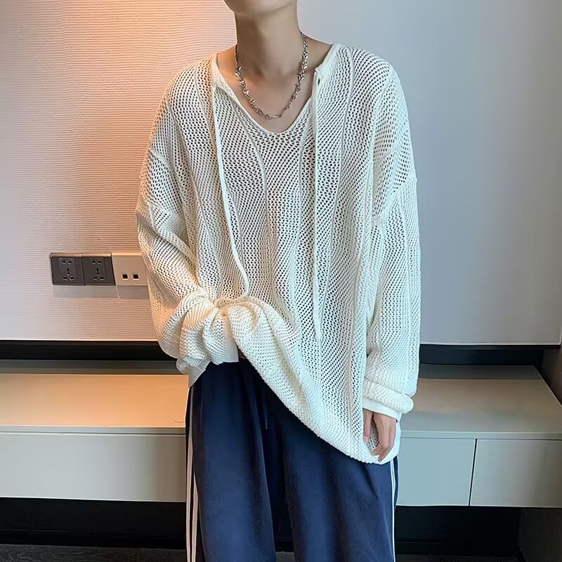 Relaxation V-neck Lether Hollow Long-sleeved Knitted Shirt Spring and Autumn Couple Men's and Women's Lazy Loose Knitted T-shirt Top