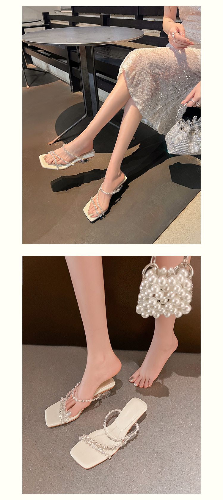 Sandal nữ quai mảnh đính đá mũi vuông hở mũi gót cao trong suốt đế xuồng — trắng chi tiết 15