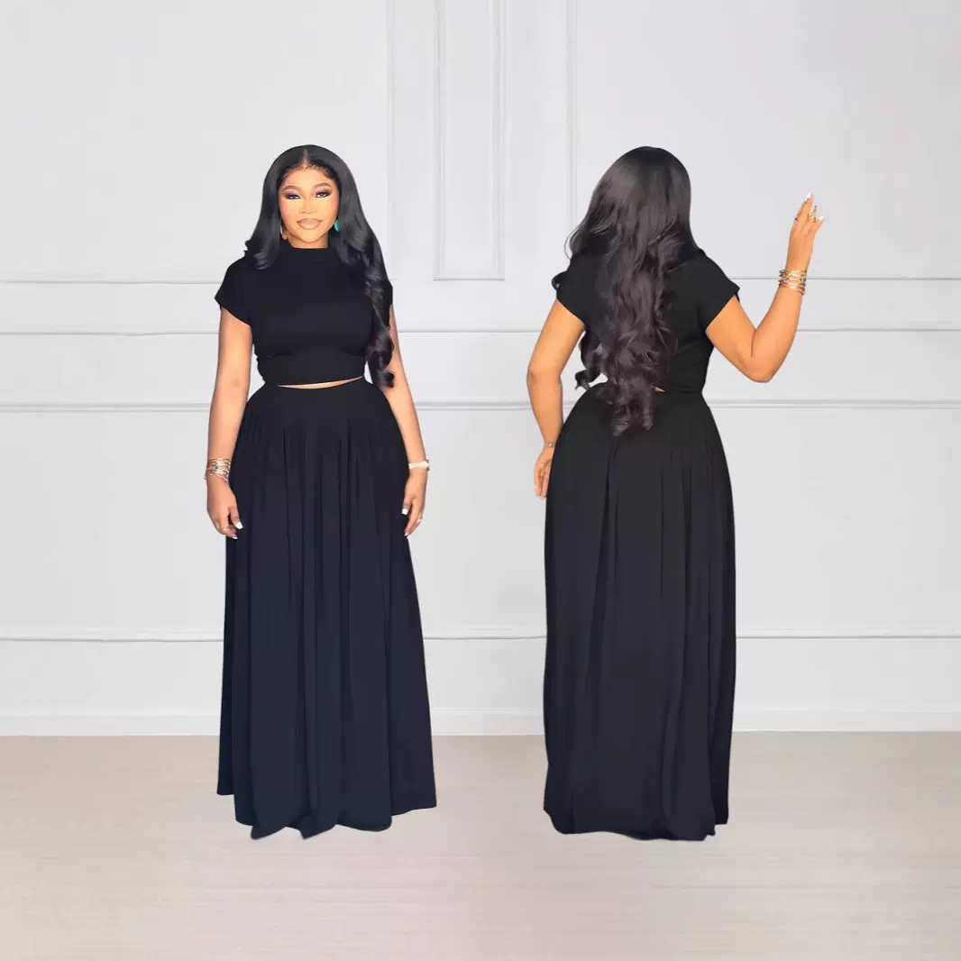 10601  跨境欧美亚马逊纯色圆领T恤半身裙休闲套装