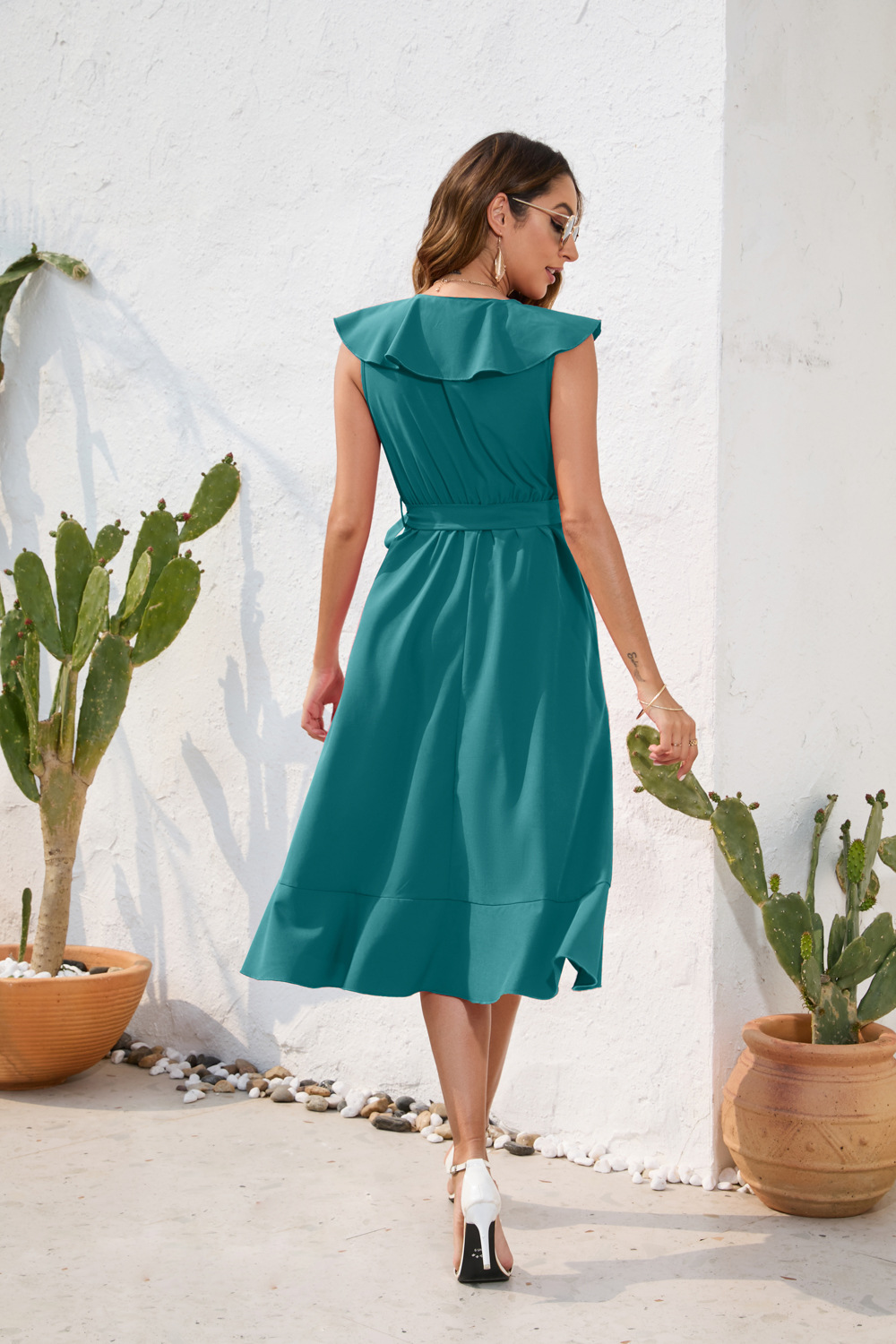 Women Clothing Waist Tight Sexy V neck Dress Casual Vacation Travel Solid Color Dress Sleeveless Split