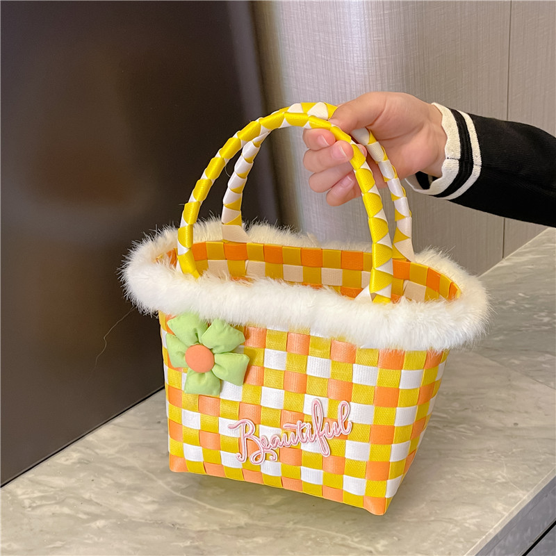 Nueva cesta de alimentos Internet celebridad bolso mano-llevar a cuadros Arco Iris tejido pequeño bolso cuadrado de las niñas de dibujos animados de ajedrez bandeja de almacenamiento bolsa