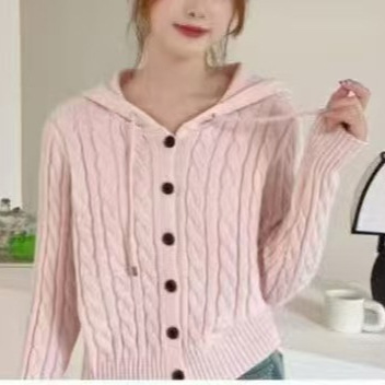 Retro Japanese Style Twist Sweater Jacket Women's Autumn and Winter New Long-Sleeved Elegant Slim Hooded Knitted Cardigan Top