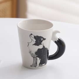 外贸内销个性化黑白边牧狗尾巴把手创意马克杯水杯陶瓷手工