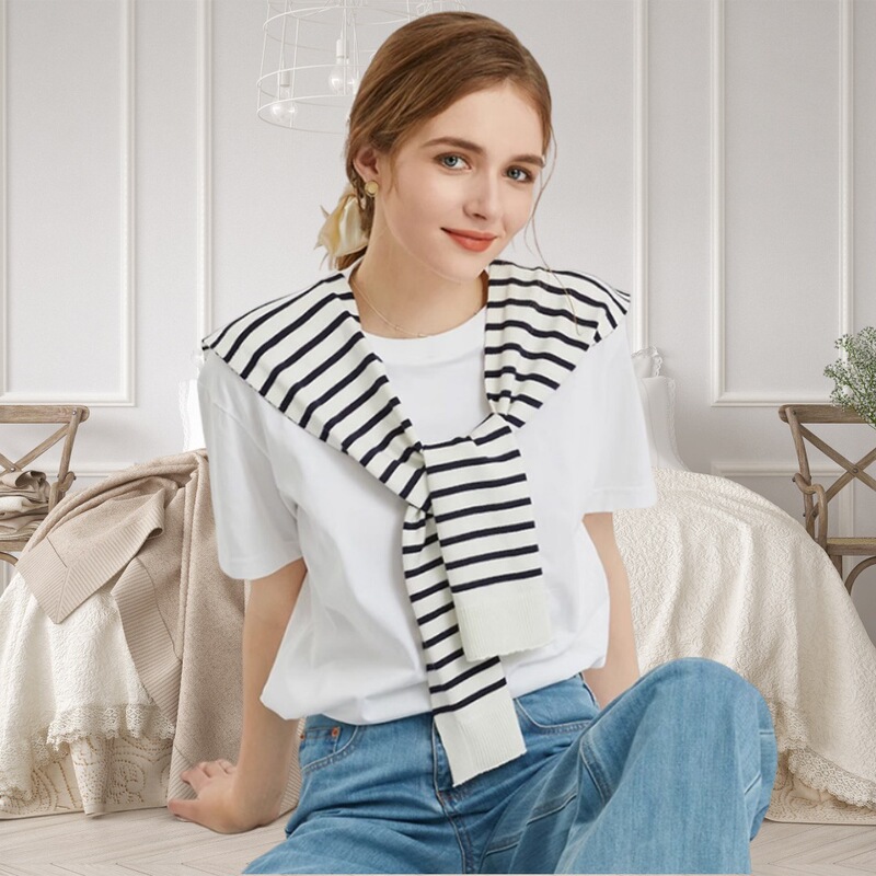 One-Piece Drop-Shipping Spring and Autumn Knitted Striped Shawl Scarf for Women, Thin Outerwear Accessory, Versatile Neck Warmer, Neck Protection, Shoulder Wrap