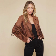 2025欧美跨境电商亚马逊秋季女士短款纯色修身鹿皮绒金典流苏外套