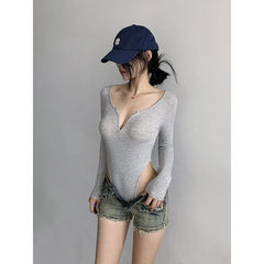 Women's One-piece Bodysuit, Legging-style Tight Bodycon Sexy Girl Beautiful T-shirt, V-neck Base Layer Top, 2023 Autumn New Arrival Stylish