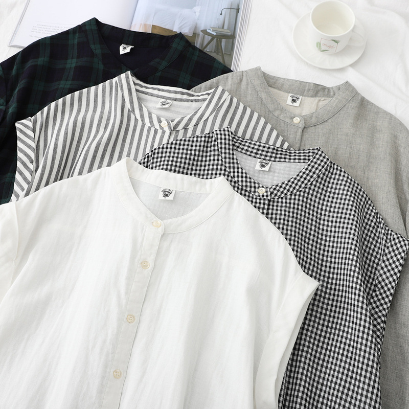 Factory Direct Sale Japanese-Style Simple Plaid Stand-Up Collar Sleeveless Women's Shirt Classic Plaid Versatile Short-Sleeve Women's Shirt Factory Direct Sale Japanese-Style Simple Plaid Stand-Up Collar Sleeveless Women's Shirt Classic Plaid Versatile Short-Sleeve Women's Shirt