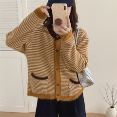 韩系复古撞色条纹针织开衫2025年秋冬季新款百搭显瘦毛衣女外套潮