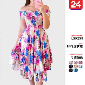 2025年欧美跨境 亚马逊 ebay一字领不对称露肩短袖数码印花连衣裙