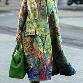 新款2022欧美秋外贸女装ebay亚马逊新款长袖翻领外套印花呢子大衣