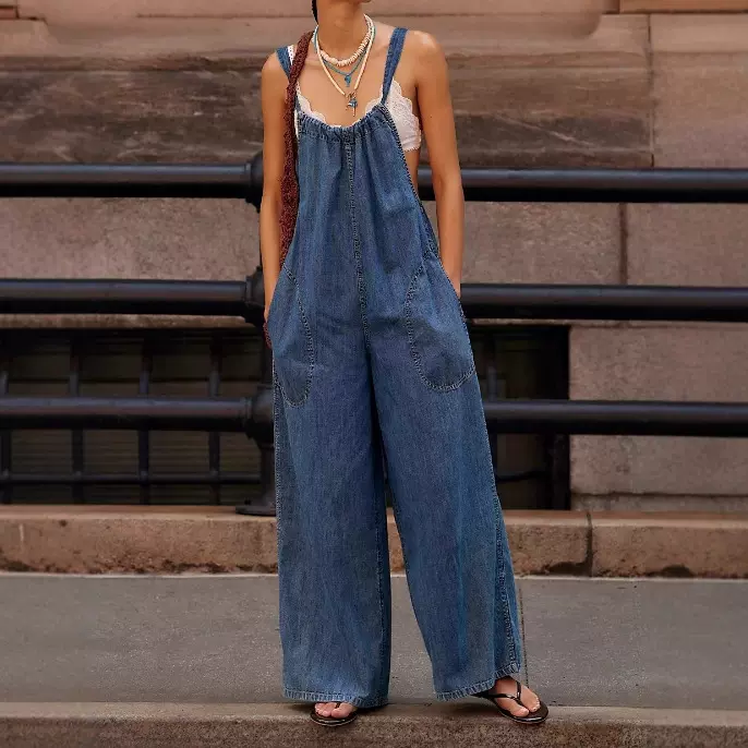 2025欧美跨境亚马逊宽松舒适女牛仔背带阔腿连体裤慵懒时髦风ins