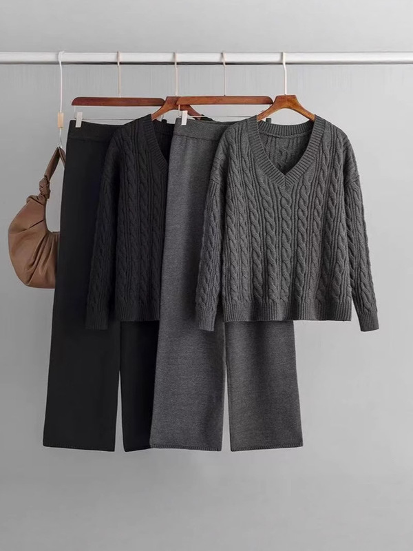 ヨーロッパとアメリカのファッションワイドレッグパンツセーター婦人服2025秋冬新作クロスボーダーツイストVネックニットスーツ|undefined
