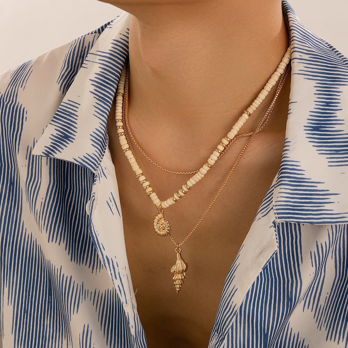 Multi-style Popular European American Bohemian Multi-layer Necklace For Women With Rice Beads And Conch Pendants, Cross-border_voghion.com