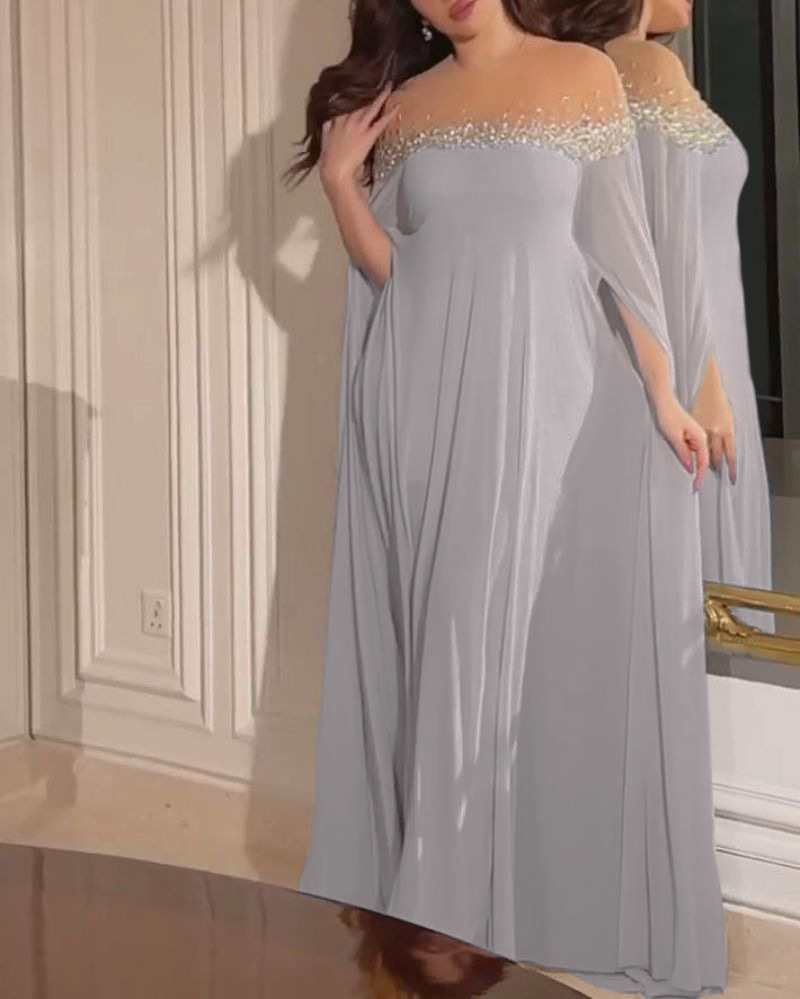 Elegant aftenkjole for damer med perler og stein i chiffon_voghion.com