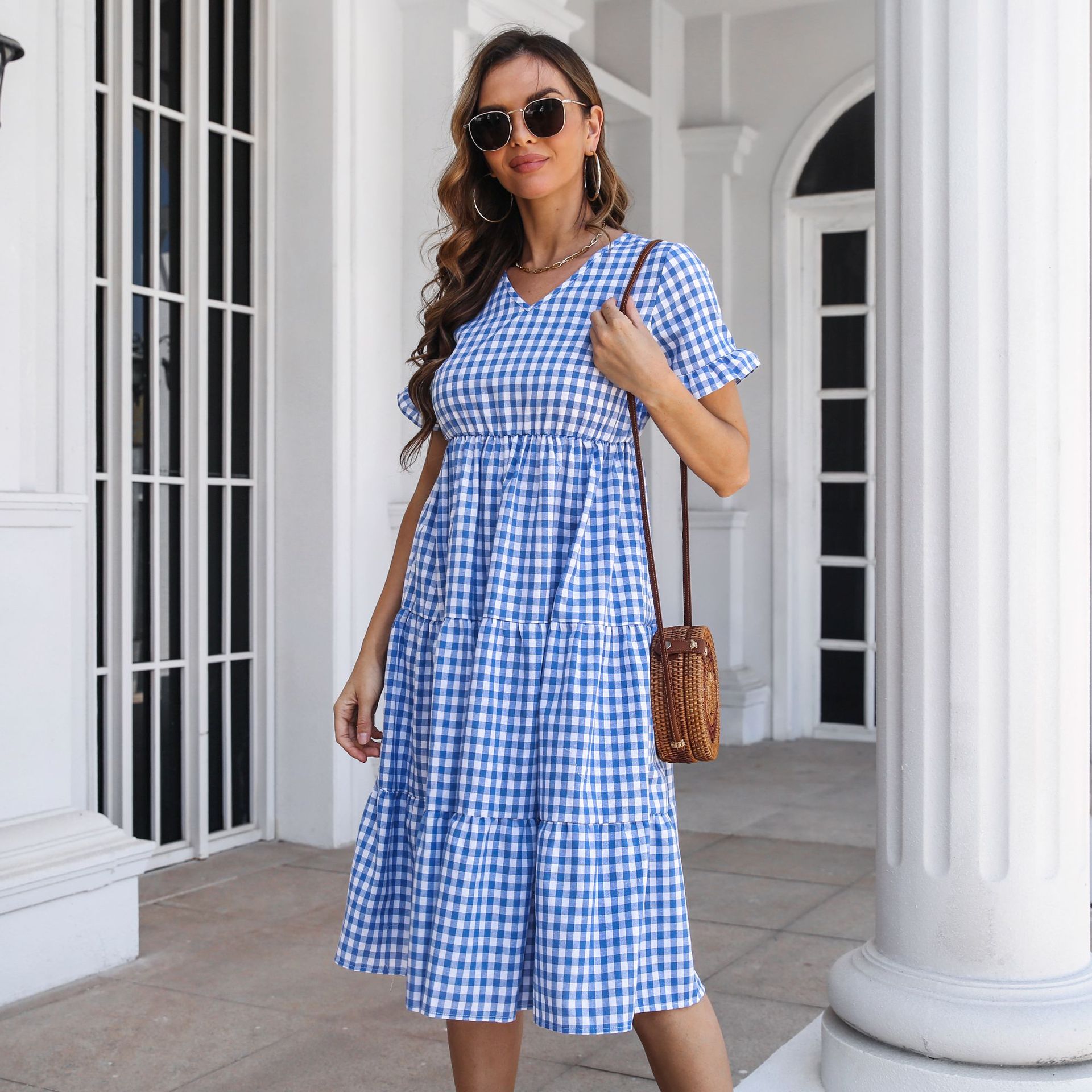 Plaid Pattern Summer Season Wholesale Women'S Casual Plaid Daily V Neck Short Sleeve Swing Dress
