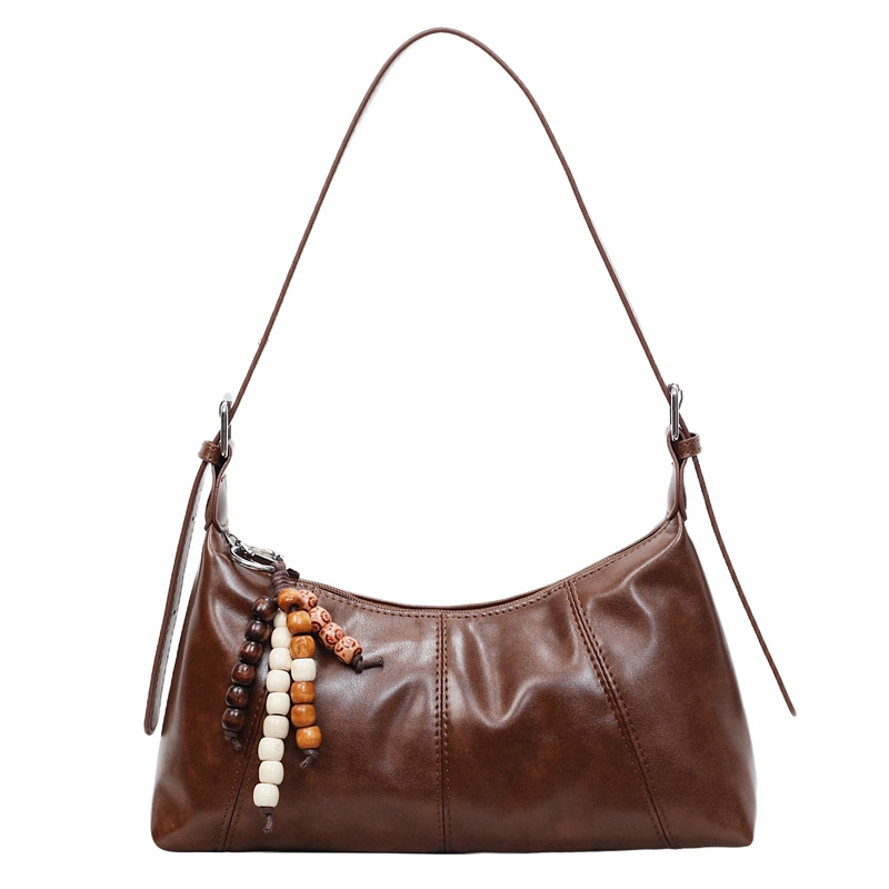 Retro Oil Wax Leather Baguette Bag 2026 New Arrival Niche Design Underarm Bag Versatile Beaded Charm Shoulder Bag - Thumbnail 6