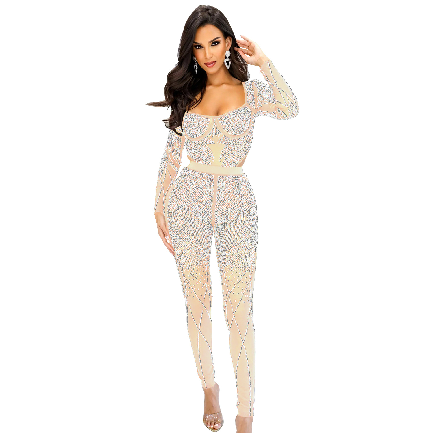 C6389 transfronteriza AliExpress Amazon Europa y América moda de las mujeres de color sólido malla rhinestone pantalones de manga larga mono