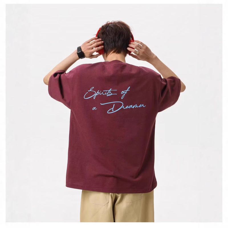 American Retro Letter Print Short-Sleeved T-Shirt for Men, Summer Loose Large Size Red Half-Sleeved Casual Cotton Top