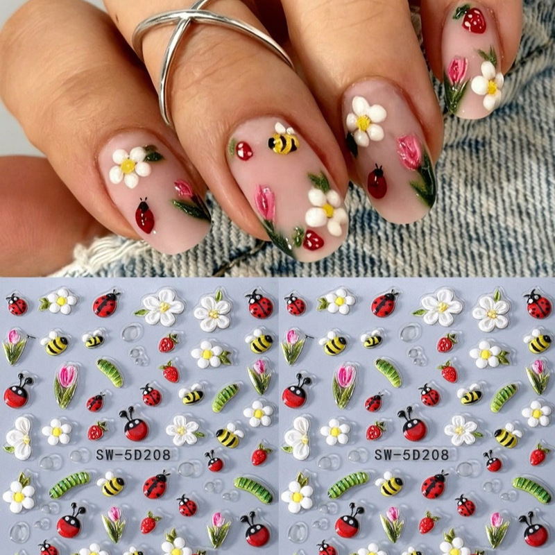 Cross-Border New Nail Art Stickers Ins Style Spring and Summer Hawaiian Flower Ladybug 5D Nail Stickers Wholesale Cross-Border New Nail Art Stickers Ins Style Spring and Summer Hawaiian Flower Ladybug 5D Nail Stickers Wholesale