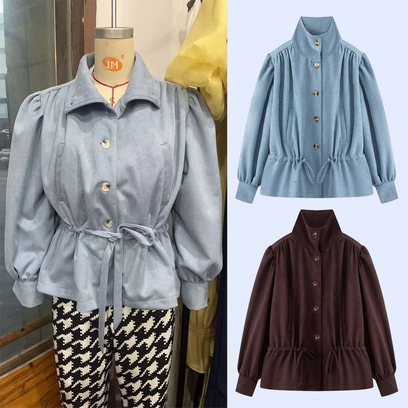 Spring new women's fashion European and American cross-border puff sleeve suede waist-cinching short trench coat jacket with a high-end feel Spring new women's fashion European and American cross-border puff sleeve suede waist-cinching short trench coat jacket with a high-end feel