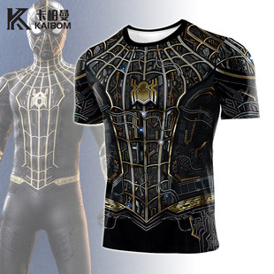 2025 Cross-Border Foreign Trade New Model Marvel Spider Web Print Black and Gold Tight-Fitting Short-Sleeved T-Shirt Casual Sports Fitness Quick-Drying