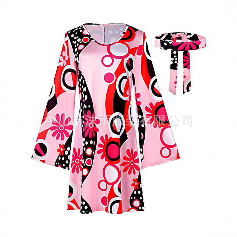 Halloween 2026 Amazon 80S Hippie Performance Costume Retro Printed Dress Headscarf Two-Piece Set