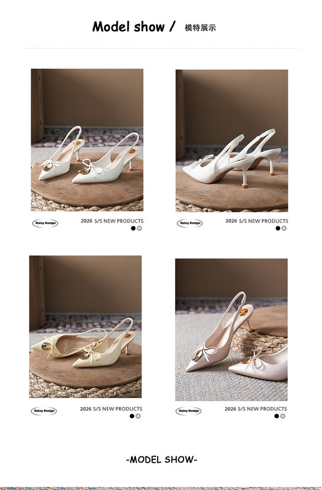 Sandal cao gót nữ mũi nhọn bít mũi đính nơ khóa kim loại, gót 6–8 cm — Màu hồng nhạt, Màu trắng ngà, Màu vàng nhạt chi tiết 7